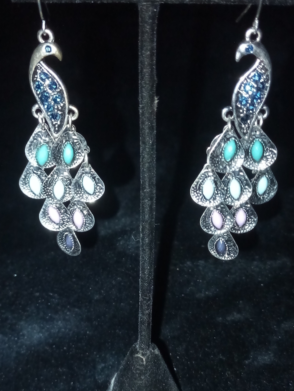 Silver Peacock Drop Earrings with Blue, Turquoise and Lavender Stones